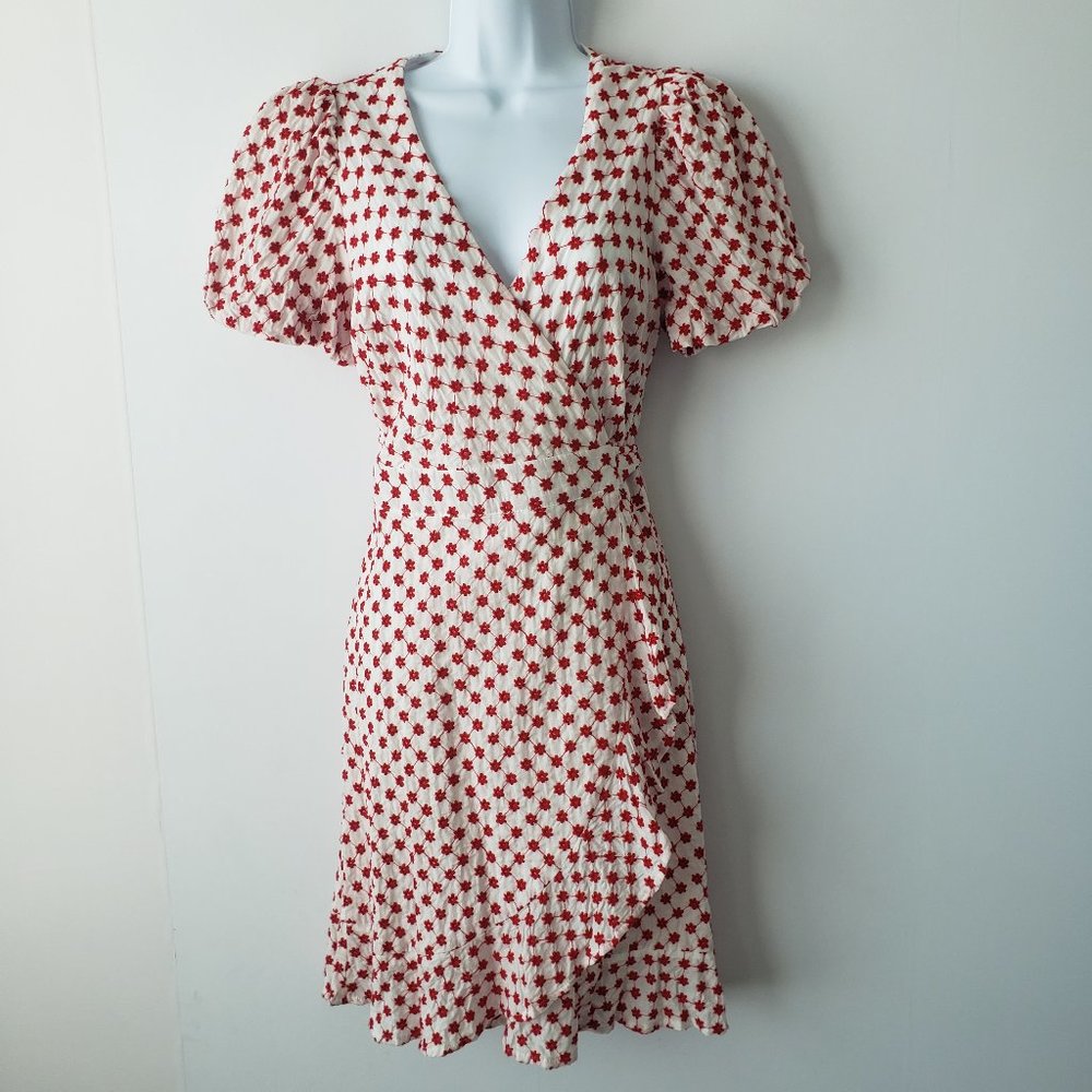 Draper James Cream Wrap Midi Dress with Red Floral Motif